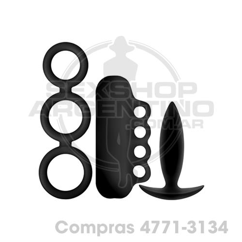 - Kit x3 - Anillos, masturbador y plug anal en negro - SS-NO-1105-13 - Kit x3 - Anillos, masturbador y plug anal en negro