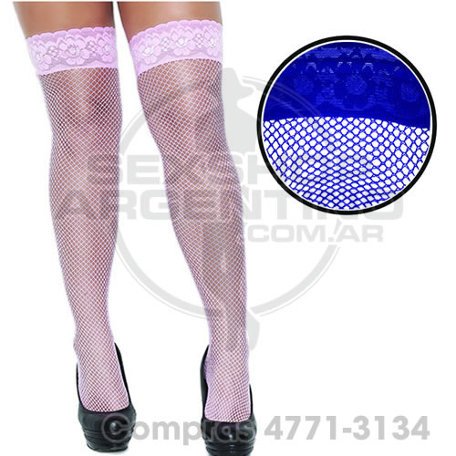 - Medias de Red Azul con Puntilla Siliconada y Tanga