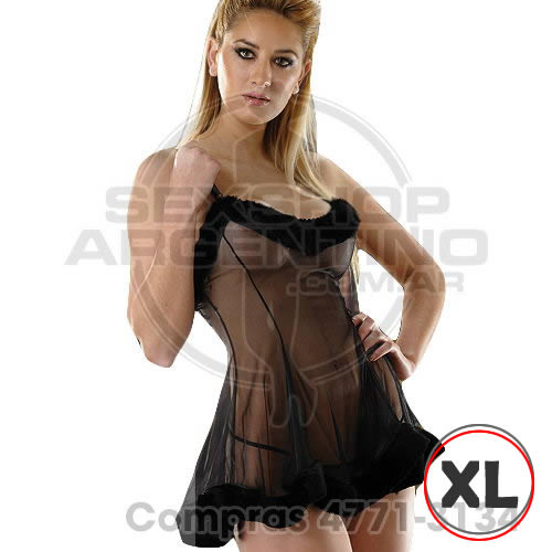 - Vestido Xl Gasa Negro Con Peluche Y Tanga